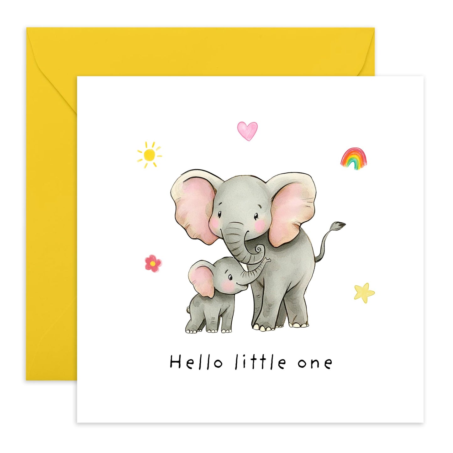 Newborn Baby Celebration Card - 'Hello Little One' - Gifts for Family, Friend, Bestie, BFF, Son, Daughter, Relatives - Elephant Mum and Baby - Comes with Fun Stickers