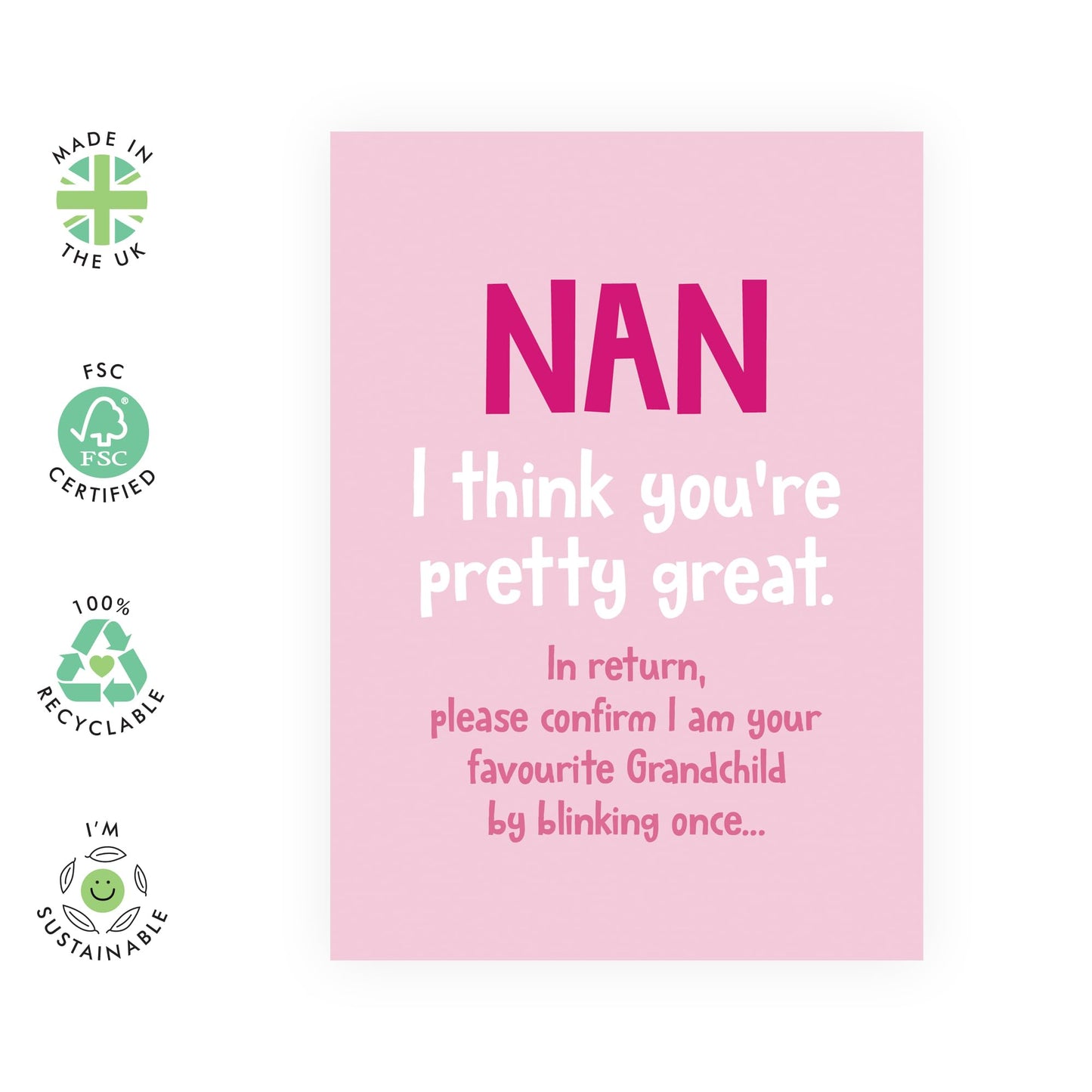Pink Birthday Card for Great Grandmothers - 'Nan Blink To Confirm' - Gifts for Grandma, Grandmum, Grandmummy, Grandparents, Her From Grandchildren - Favouritism - Comes with Fun Stickers