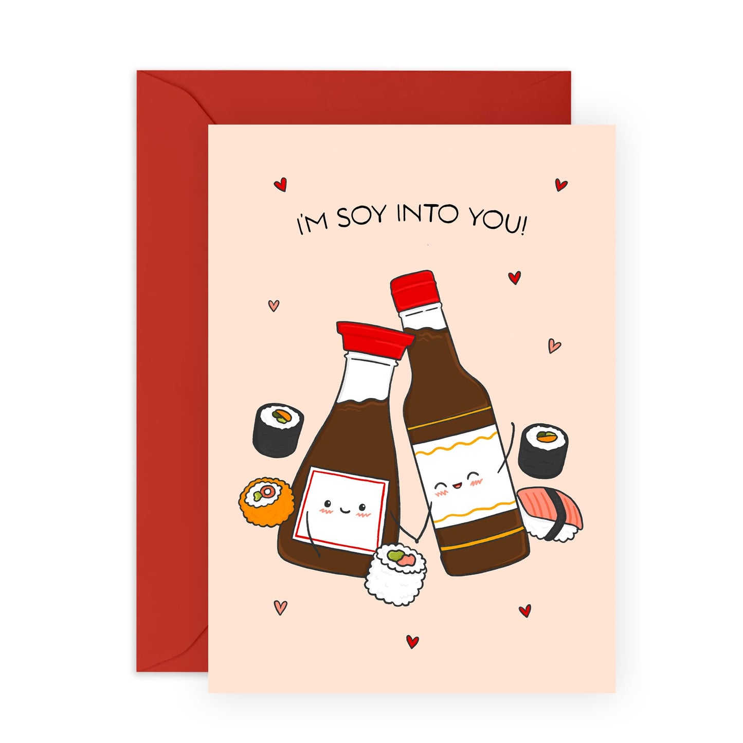 Adorable Love Card- I'm Soy Into You Card - Cute Sushi Anniversary, Valentine's Day Ideas for Her, Him, Wife, Husband, Girlfriend, Boyfriend, Spouse, Partner, Fiance - Comes with Fun Stickers