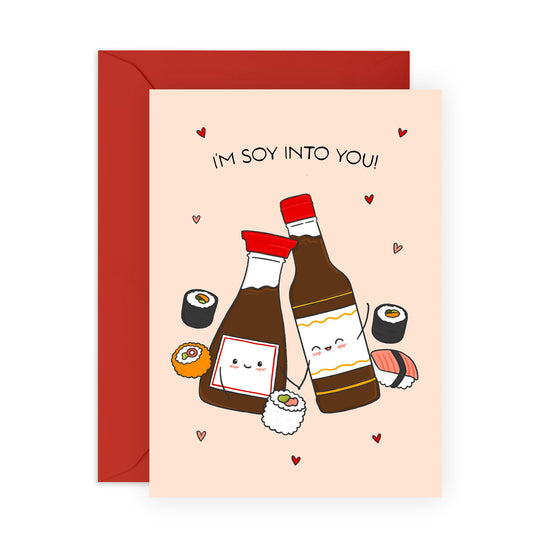 Adorable Love Card- I'm Soy Into You Card - Cute Sushi Anniversary, Valentine's Day Ideas for Her, Him, Wife, Husband, Girlfriend, Boyfriend, Spouse, Partner, Fiance - Comes with Fun Stickers