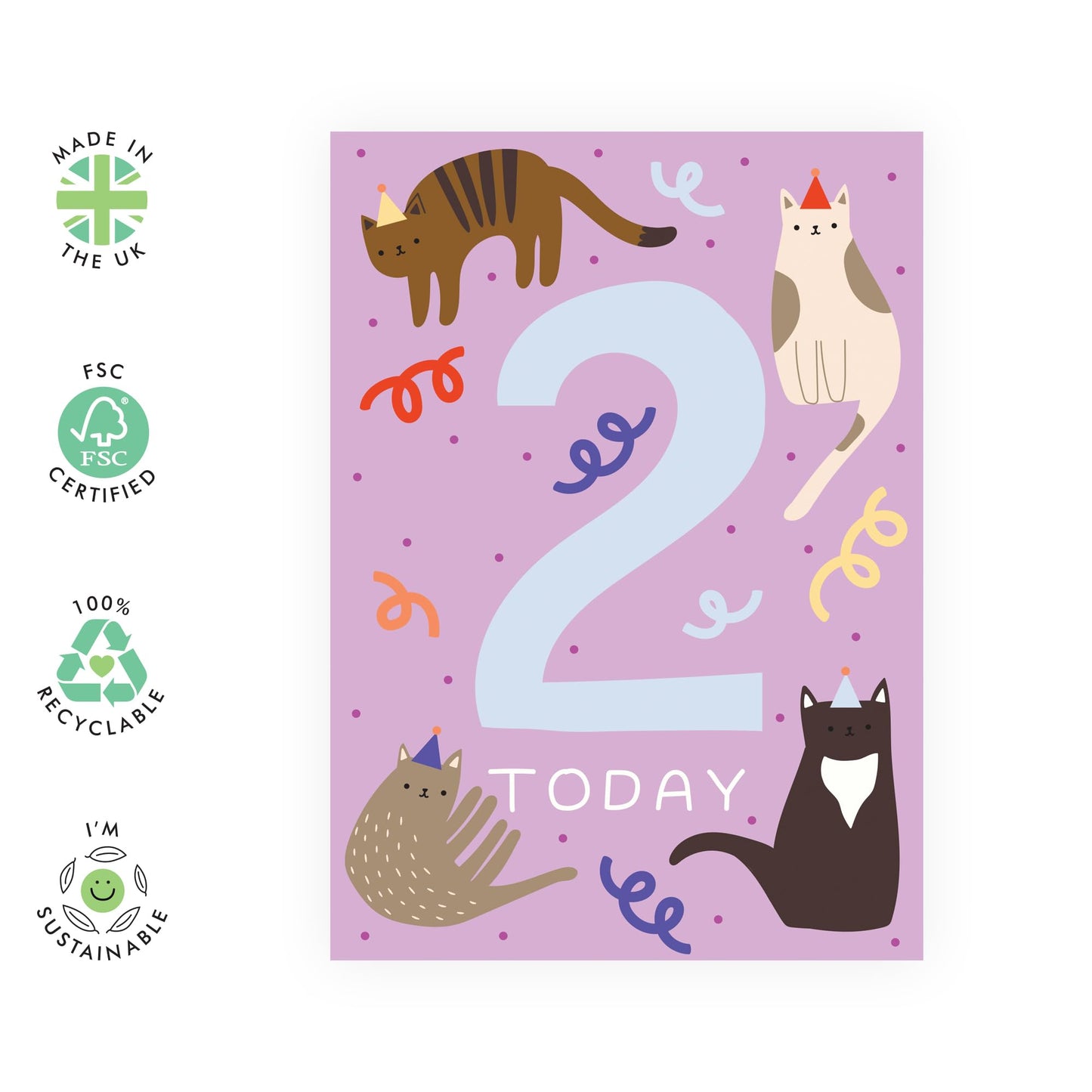 Birthday Cards Daughter - Childrens Cats Age 2 - Happy 2nd Birthday Card Niece - Cousin Cats Birthday Card - Two Years Old Girl Birthday Card Child Toddler - Comes With Stickers By Central 23