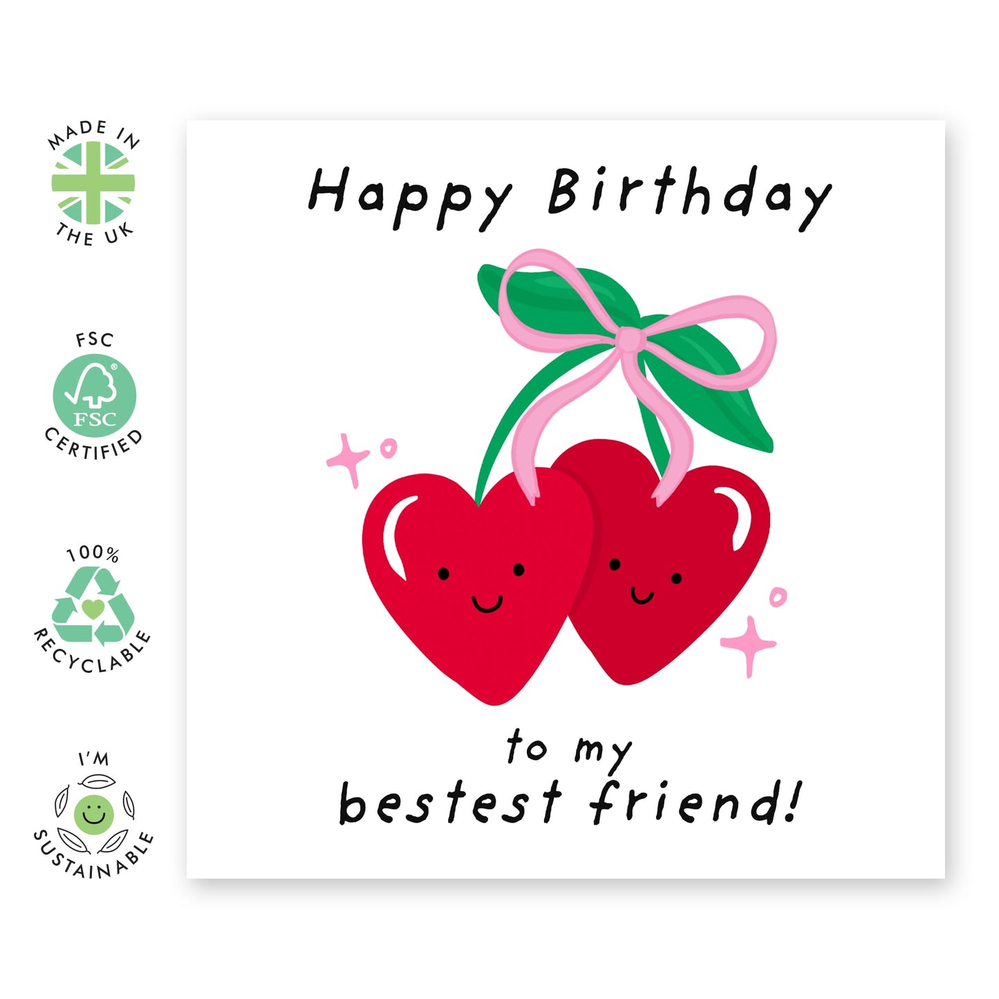 Cute Cherry Birthday Card for Best Friend - Adorable Happy Birthday Greeting for Bestie, Female Friends, or Special Someone - Comes with Fun Stickers