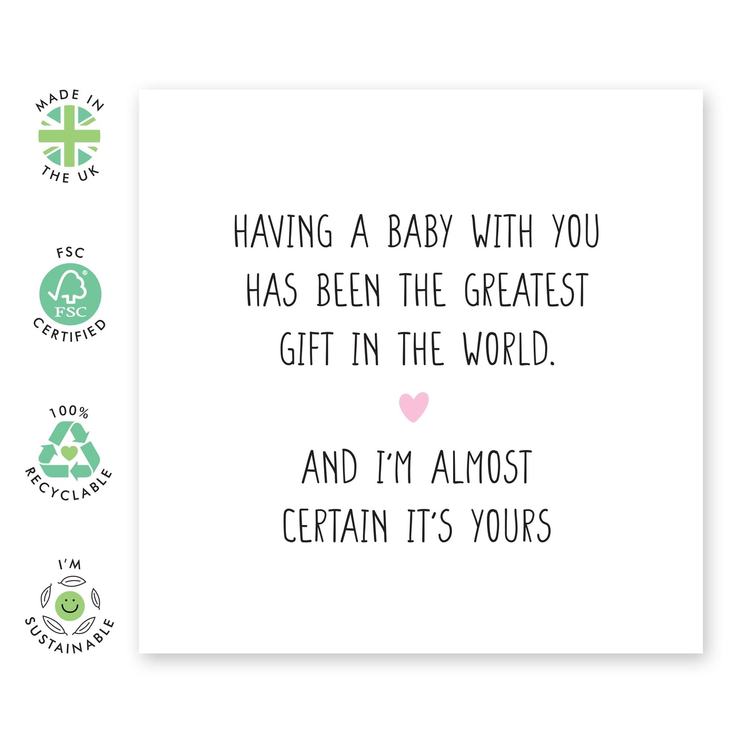 Cute and Funny Greeting Card for Wife Husband - Baby Almost Certain It's Yours - Mothers Day Card For Partner, Her, Babe, Other Half - Fathers Day for Him- Gifts for New Parents - Comes With Stickers