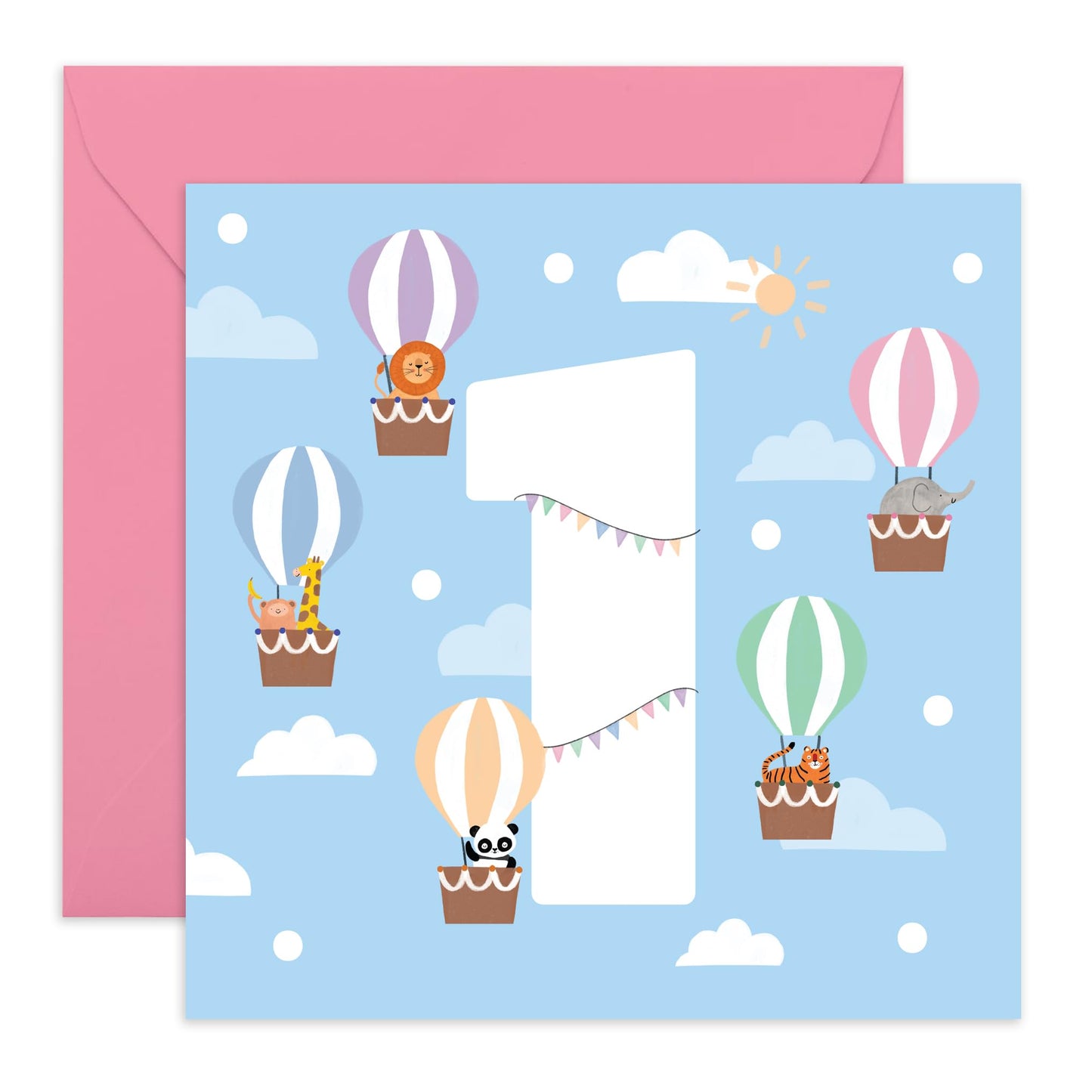 Cute Animals First Birthday Card for Babies - 'Hot Air Balloons One' - Gifts for Nephew, Niece, Grandchildren, Toddler, Children, Boys, Girls - 1 Year Old - Comes with Fun Stickers
