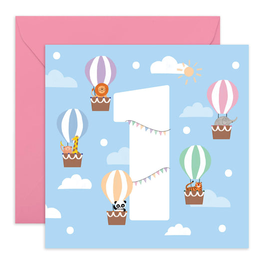Cute Animals First Birthday Card for Babies - 'Hot Air Balloons One' - Gifts for Nephew, Niece, Grandchildren, Toddler, Children, Boys, Girls - 1 Year Old - Comes with Fun Stickers