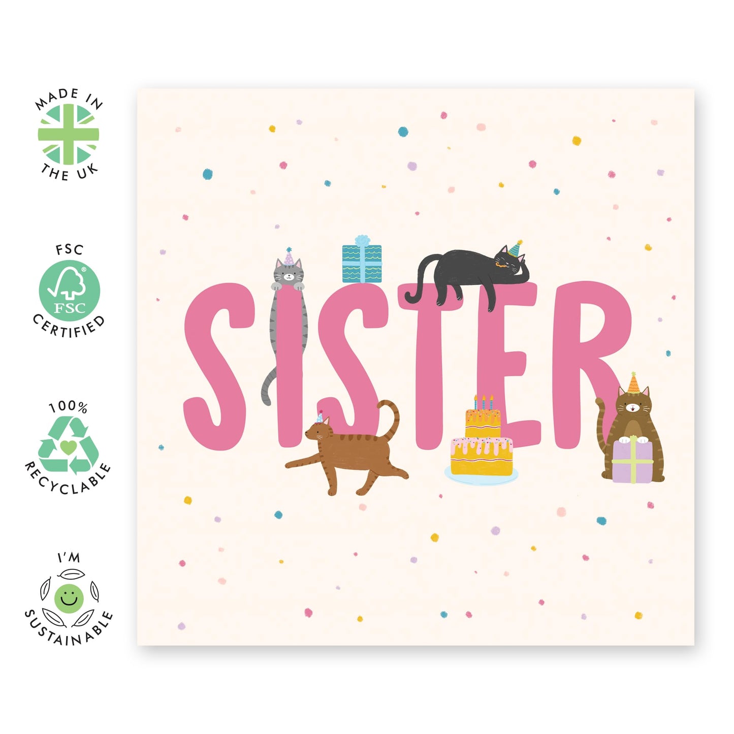 Sister's Birthday Greeting Card - 'Birthday Cats Sister' - Gift for Sis, Sibling, Stepsis, Her, Family - Cat In Hats - Comes with Fun Stickers
