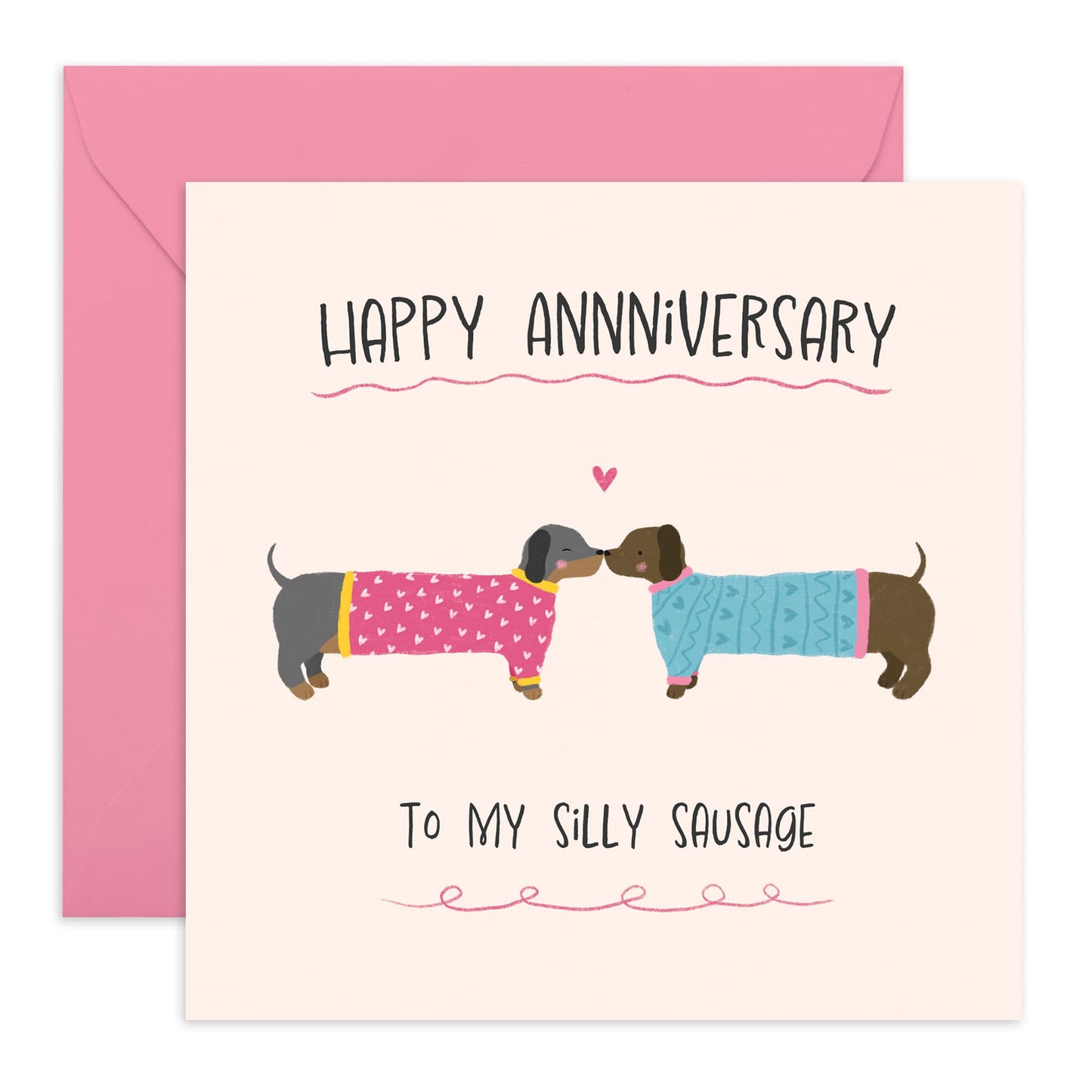 Happy Anniversary Card - 'To My Silly Sausage' Cute Dachshund Design - Romantic Greeting Card for Dog Lovers, Him, Her, Wife, Husband, Spouse, Partner - Blank Inside