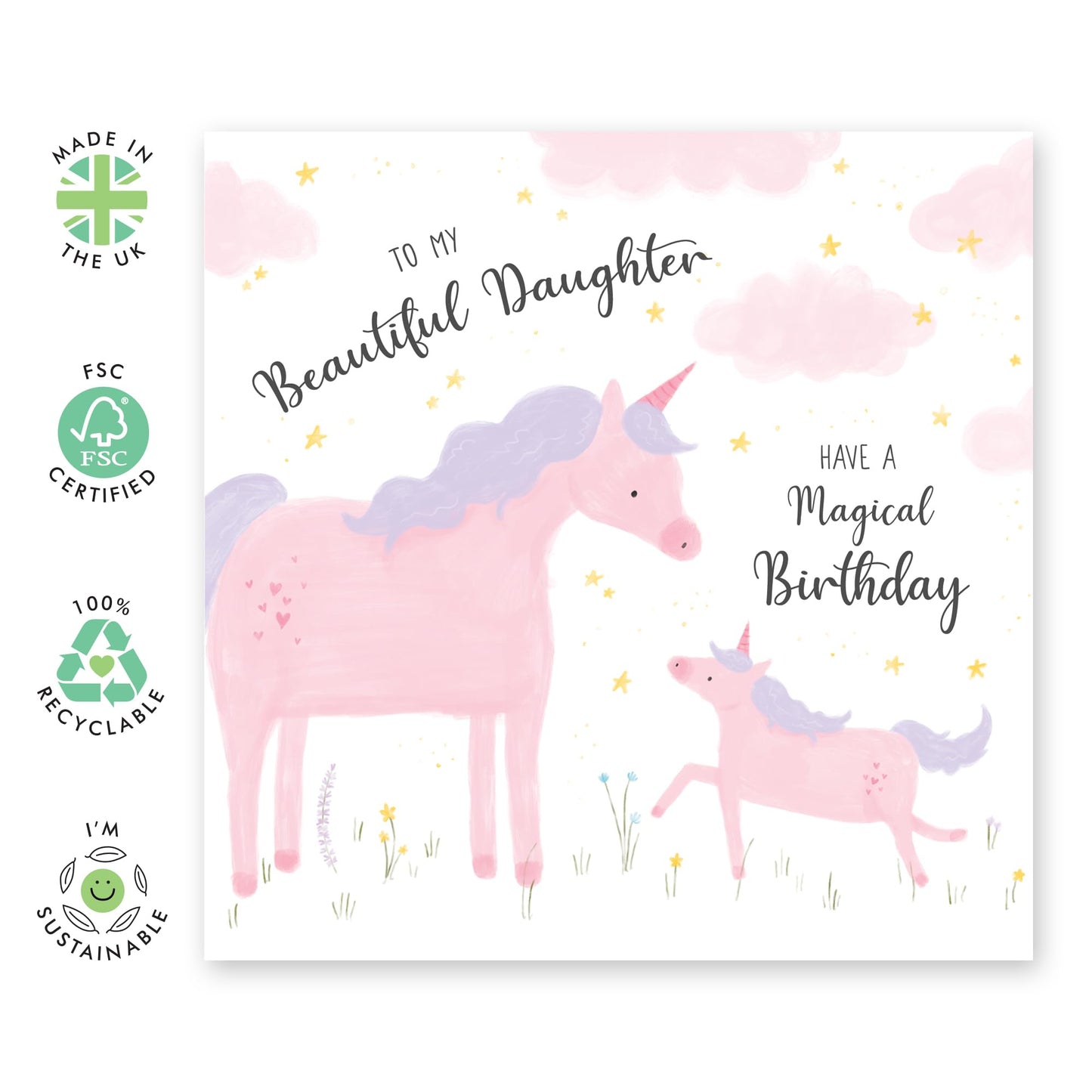 Magical Birthday Greeting Card - 'Unicorn Beautiful Daughter' - Gift for Girls, Daughter, Kids, Children, Baby From Mum, Mother - Mums Love - Comes with Fun Stickers
