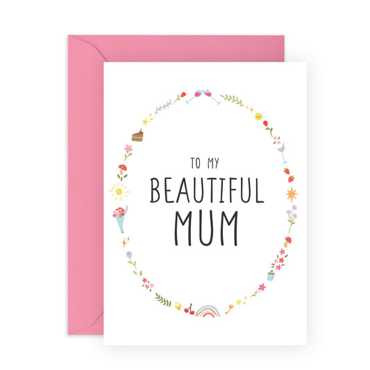 Sweet Greeting Card for Her - 'BEAUTIFUL MUM' - Birthday Card for Mummy, Mam, Ma, Women - Mother’s Day Card , Appreciation and I Love You Gifts from Family Son Daughter Husband -Comes with Stickers