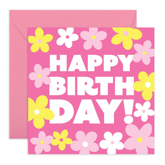 Bright Floral 'Happy Birthday!' Card - Cheerful Greeting Card for Friends, Family, or Loved Ones - Presents for Women or Girls - Blank Inside with Premium Pink Envelope