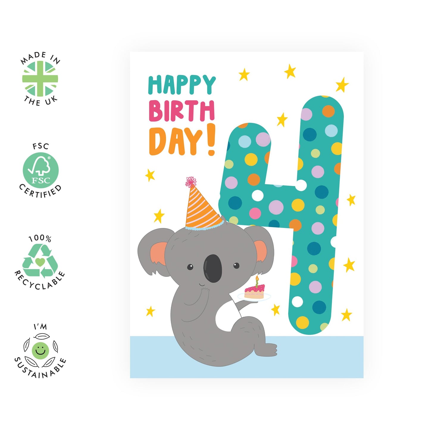 4th Birthday Cards For Kids - Cute Koala Age Four - Happy Fourth Birthday Card For Girl Boy Baby Toddler - Milestone Cards Bday - Gifts For Godson Granddaughter - Comes With Stickers By Central 23