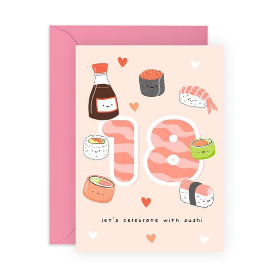 18th Birthday Card - Sushi Birthday Age 18 - Happy Eighteenth Birthday Cards - 18 Year Old Gifts For Best Friend Women Him Her - Comes With Fun Stickers - By Central 23