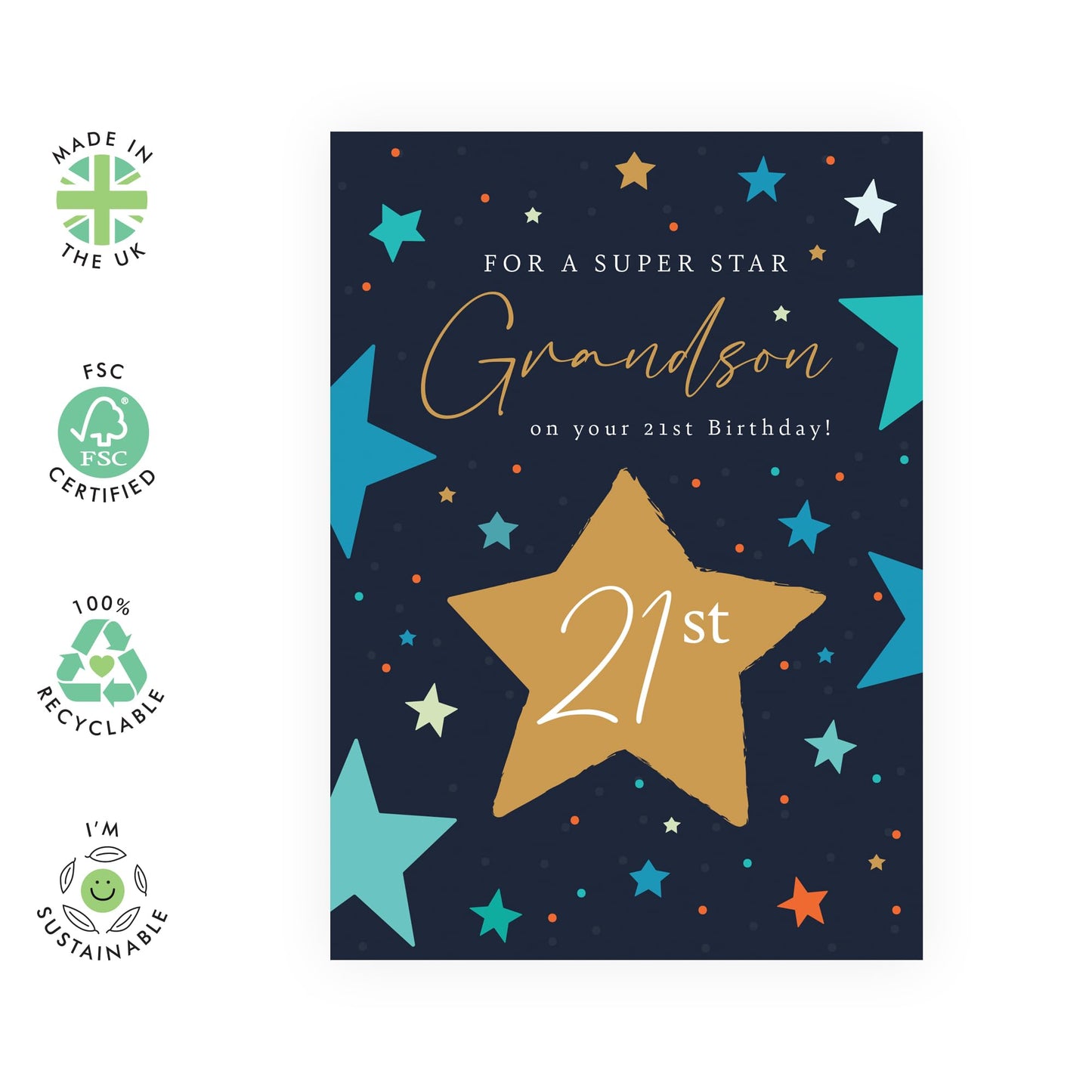 Grandson's 21st Birthday Card - 'Superstar Grandson 21st' - Gifts for Young Men, Family, Men, Guys, Him, Grandkids from Grandma & Grandad - 21 Years & Stars - Comes with Fun Stickers