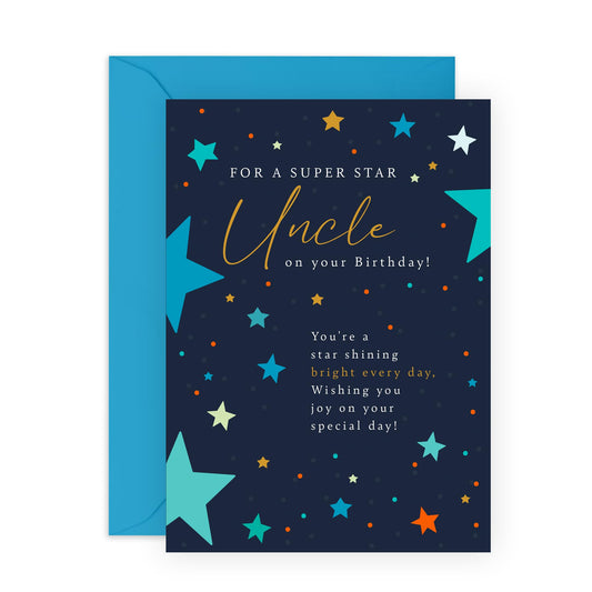 Birthday Card - 'Superstar Uncle' - Gifts for Uncles, Family, Relatives from Niece or Nephew, Him - Stars - Comes with Fun Stickers