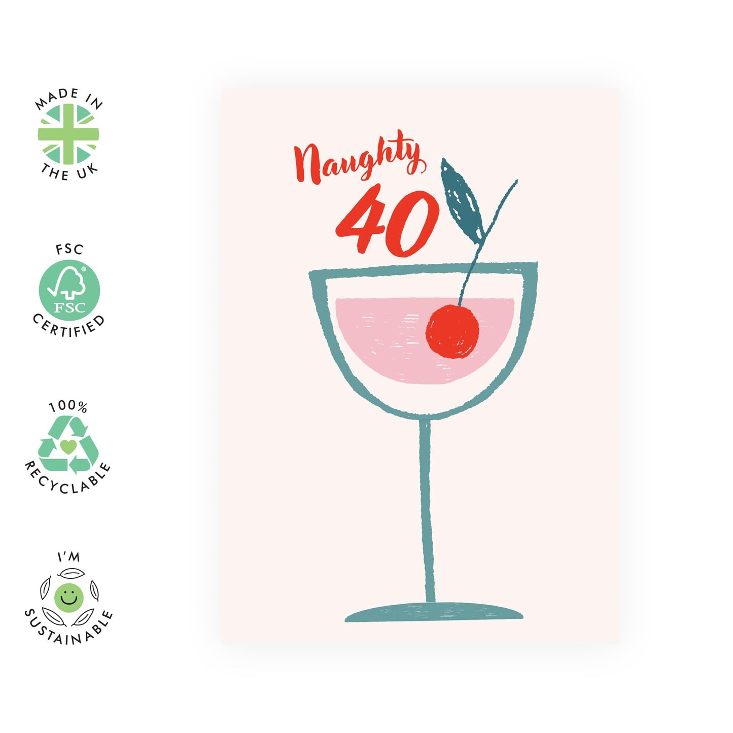 40th Birthday Greeting Card - 'Naughty 40' - Gifts for Her, Besties, Best Friend, Cousin, Girlfriend, Sis, Gals, Colleagues, Wife - Wine and Cocktails - Comes with Fun Stickers