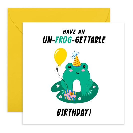 Cute Frog Birthday Card - 'Unfroggettable Birthday' - Gifts for Him, Her, Friend, Colleagues, Niece, Nephew - Party Hat & Balloon - Comes with Fun Stickers