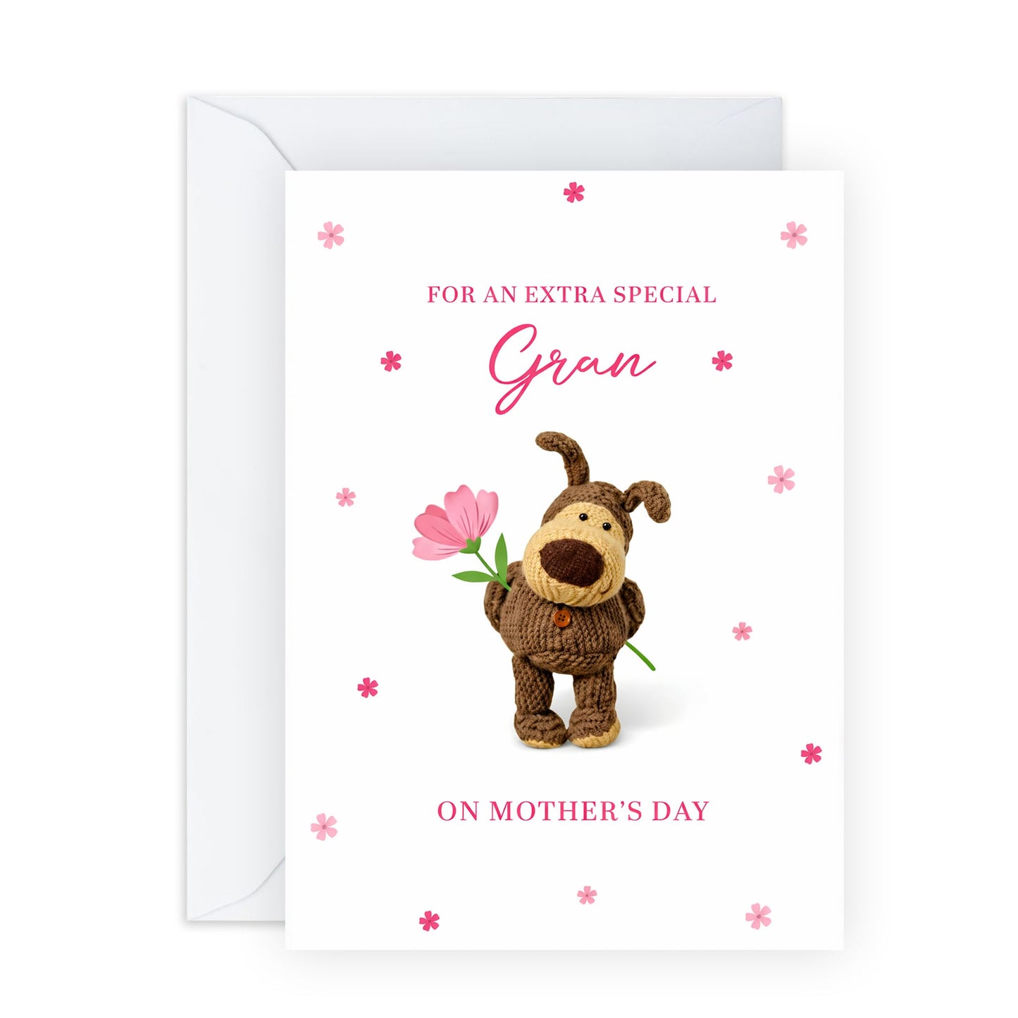 Mother’s Day Card for Gran - Pink Floral Puppy Greeting Card for Grandma - Cute Dog Illustration for Gran - Mothering Sunday Keepsake - Made in UK - Includes White Envelope