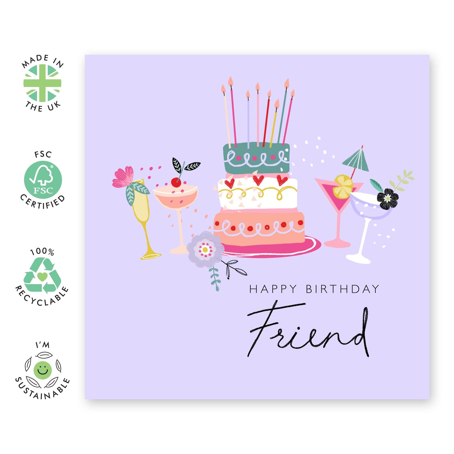 Happy Birthday Friend Card - Bday Cakes And Cocktails - Friend Birthday Card - Gifts For Friends Women - Lilac Friendship Card - Comes With Cute Stickers - By Central 23