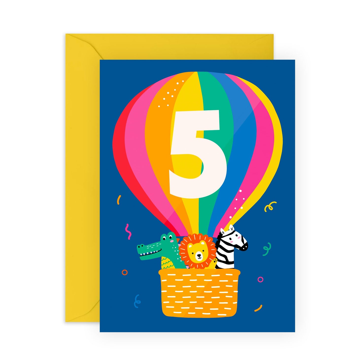 5th Birthday Card Girl - Kids Birthday Cards Safari - Alligator Lion Zebra - Happy Fifth Birthday Cards For Boys - Hot Air Ballon - Age Five - Son Daughter - Comes With Stickers - By Central 23