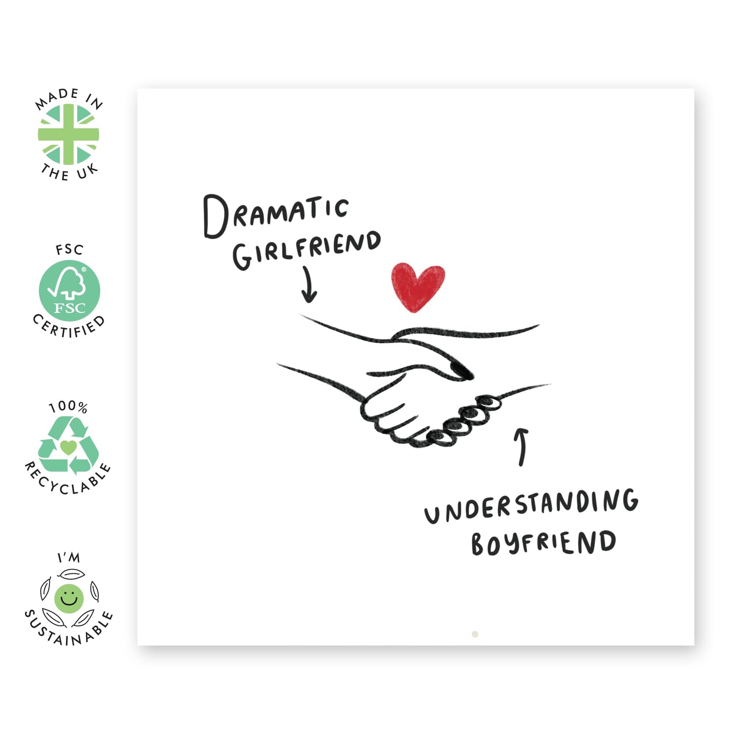 Love Greeting Card - 'Dramatic GF Understanding BF' - Gifts for Girlfriend, Boyfriend, Partner, Couples, Babe, Her, Him - Handshake Heart - Comes with Fun Stickers