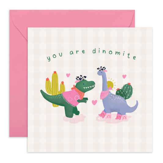 Cute Love Card For Him Her - 'You Are Dinomite' - Gifts for Babe, Girlfriend, Boyfriend, Husband, Wife - Valentines Day Dinosaurs - Comes with Fun Stickers