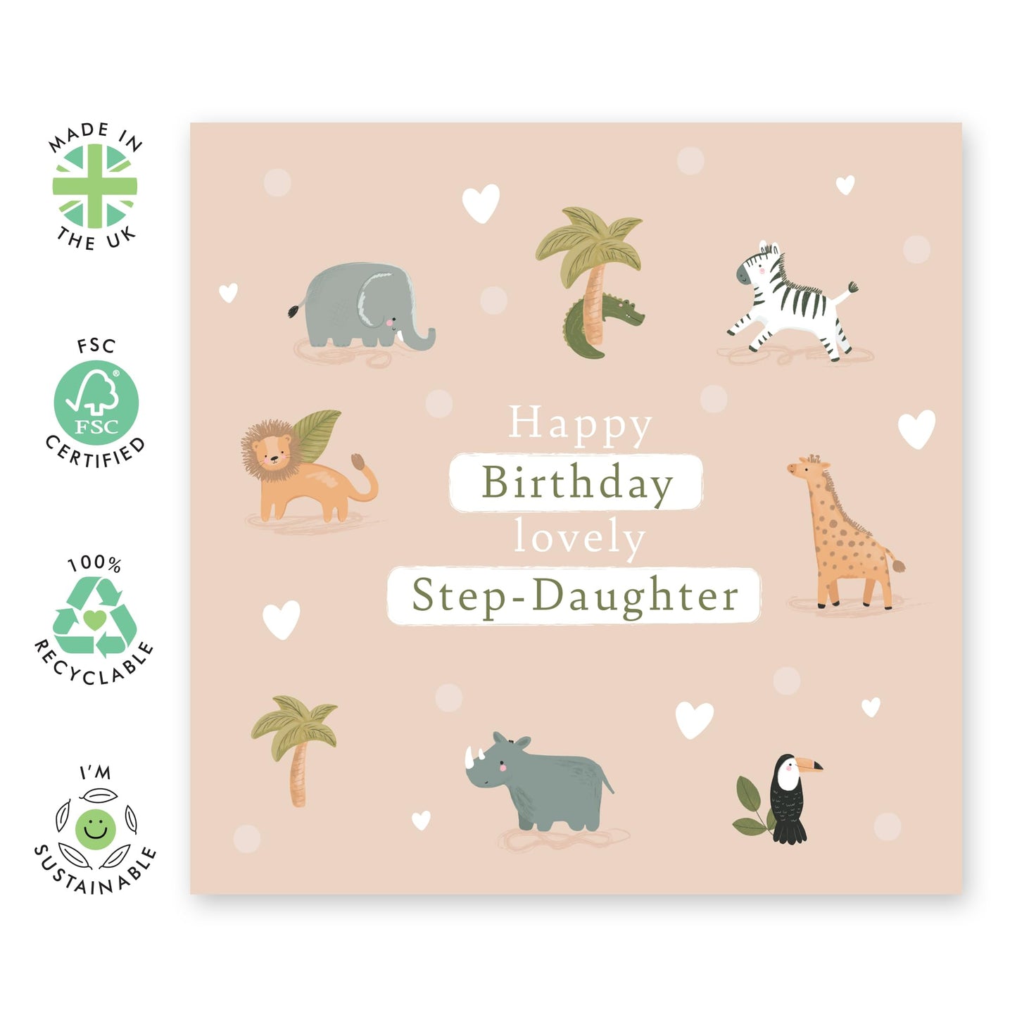 Birthday Card with Cute Safari Animals - 'Safari HB Step Daughter' - Gifts for Girls, Toddlers, From Step Mum, Dad, Family, - Animals - Comes with Fun Stickers