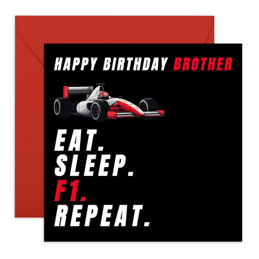 Cool Birthday Card For Brother - 'Sleep Eat F1 Repeat Birthday Brother' - Presents for Bro, Sibling, Family, Boys, Him - Racing Fan - Comes with Fun Stickers