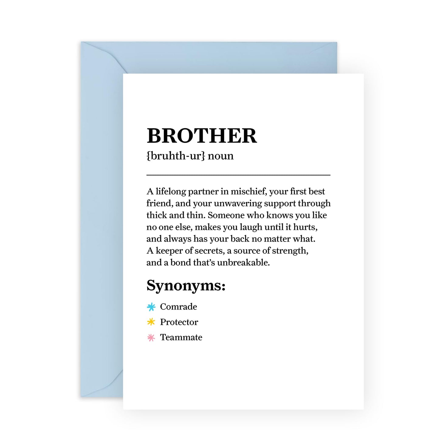 Heartfelt Greeting Card for Bro - "Brother Definition" - Presents for Him, Step Bro, In Law, Sibling, Family - Thoughtful Birthday, Thank You, or Just Because - Includes Blue Envelope