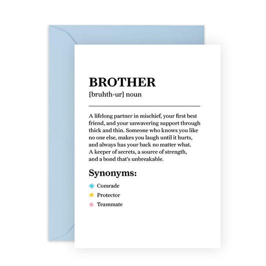 Heartfelt Greeting Card for Bro - "Brother Definition" - Presents for Him, Step Bro, In Law, Sibling, Family - Thoughtful Birthday, Thank You, or Just Because - Includes Blue Envelope