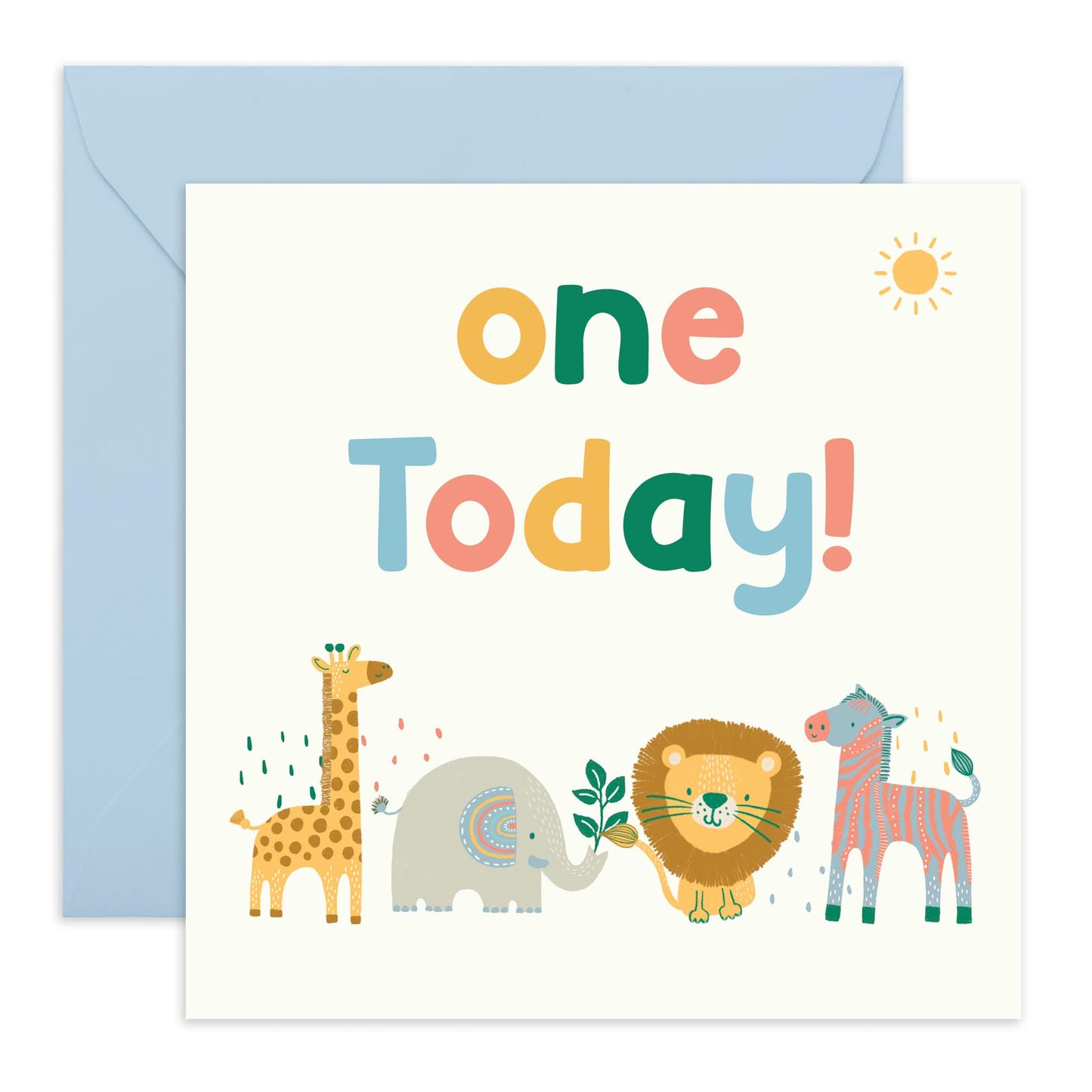 1st Birthday Greeting Card - 'One Today Safari Animals' - Gifts for 1 Year Olds, Boys, Girls, Baby, Toddlers, Niece, Nephew, Son, Daughter - Lion Zebra Elephant Giraffe - Comes with Fun Stickers