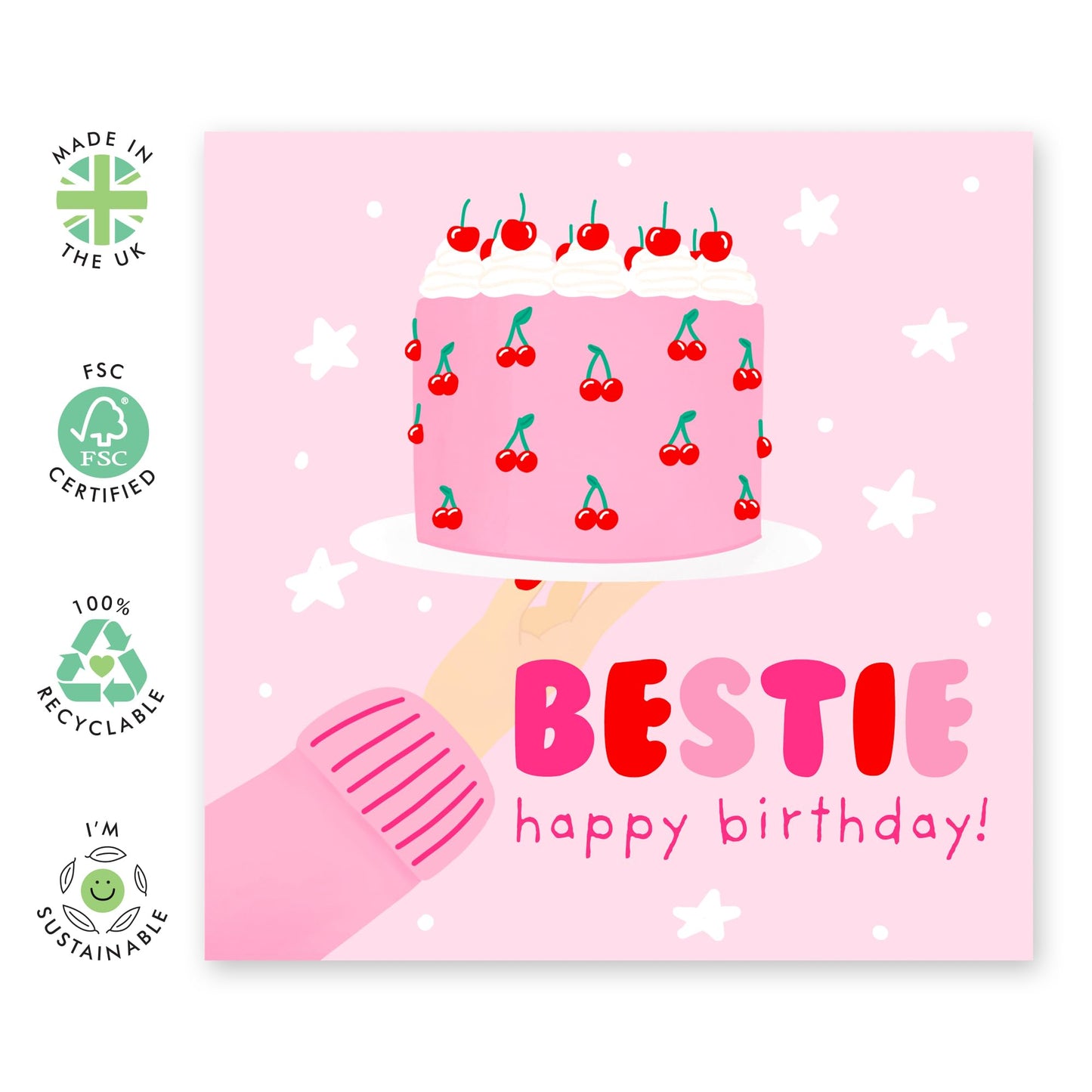 Pink Birthday Card - 'Bestie Birthday Cake' - Gifts for Ladies, Girls, Besties, Best & Close Friends, BFF, Co-workers, Colleagues, Her, Sister, Sis - Make A Wish - Comes with Fun Stickers