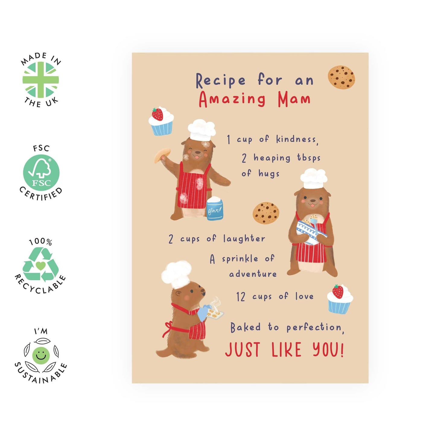 Mam Birthday Card - Recipe - Otter Birthday Cards For Women - Gifts for Grandmother, Granny, Grandma, Nan, Women, Ladies from Grandson or Granddaughter - Mother's Day Card - Comes With Stickers