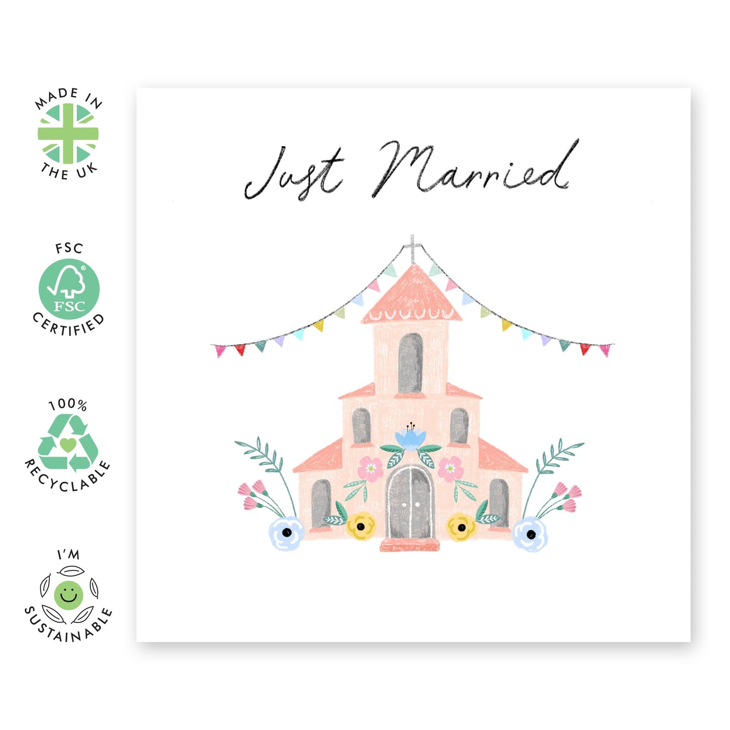 Wedding Cards For Bride And Groom - Church Just Married - Floral Greeting Card - Newly Weds Card - Congratulations Card For Men Women - Best Wishes Gift Him Her - Comes With Stickers By Central 23