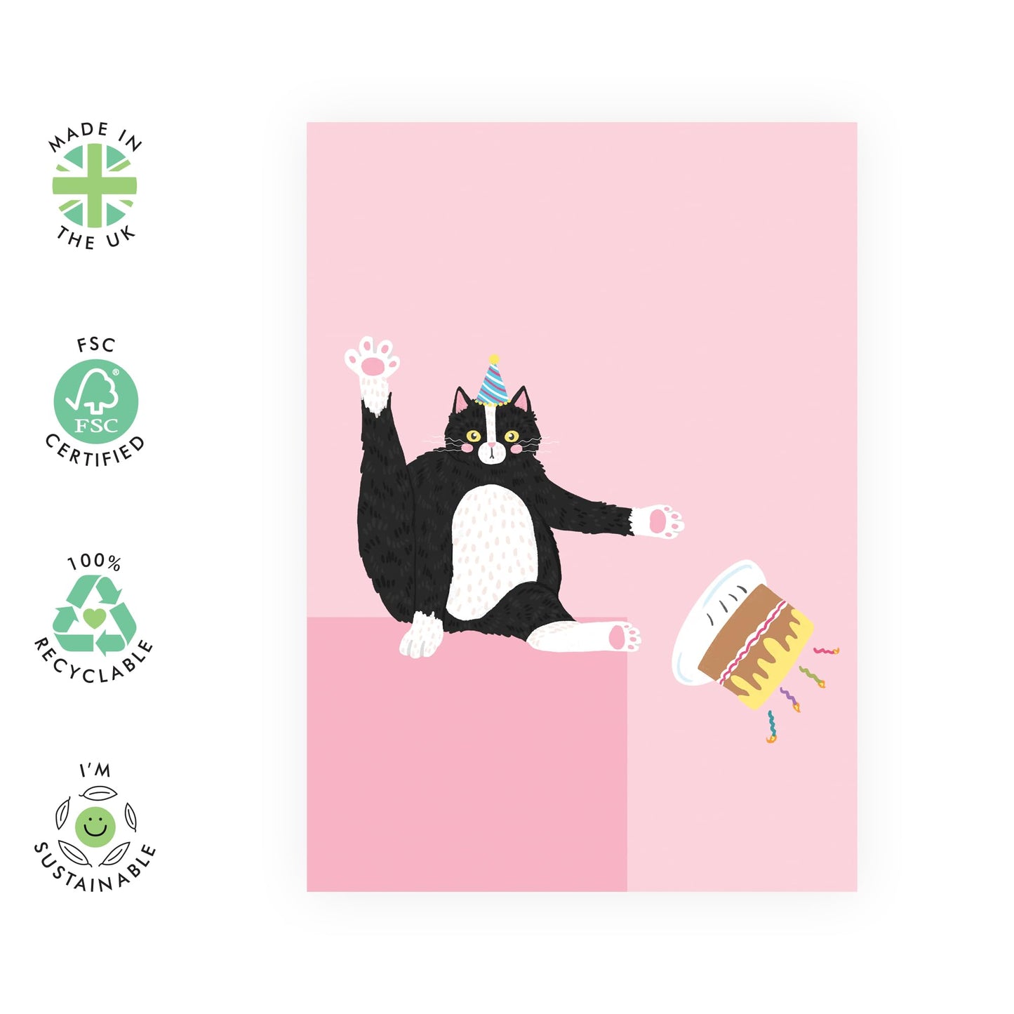 Happy Birthday Cards For Men Women - Birthday Cat Pushing Cake - Animal Greeting Card For - Birthday Card For Her Him - Gifts For Brother Sister - Comes With Fun Stickers - By Central 23
