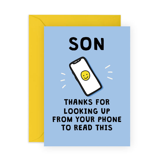 Funny Happy Birthday Card - 'Son Phone' - Gifts for Teenage Boys, Sons, Kids, Children, Family - Always on his phone - Comes with Fun Stickers