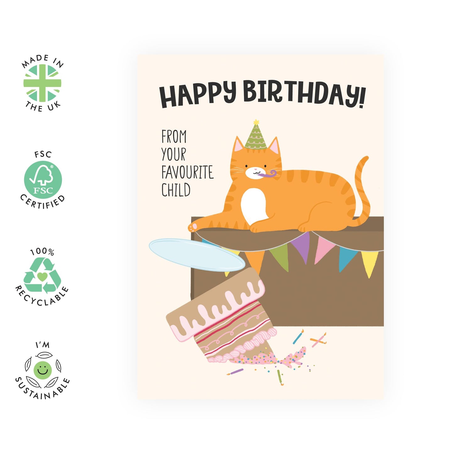 Funny & Cute Birthday Card Cat - 'Birthday Favourite Child' - Gifts for Mum, Dad, Mother, Father, From Son or Daughter - Wasted Cake - Comes with Fun Stickers