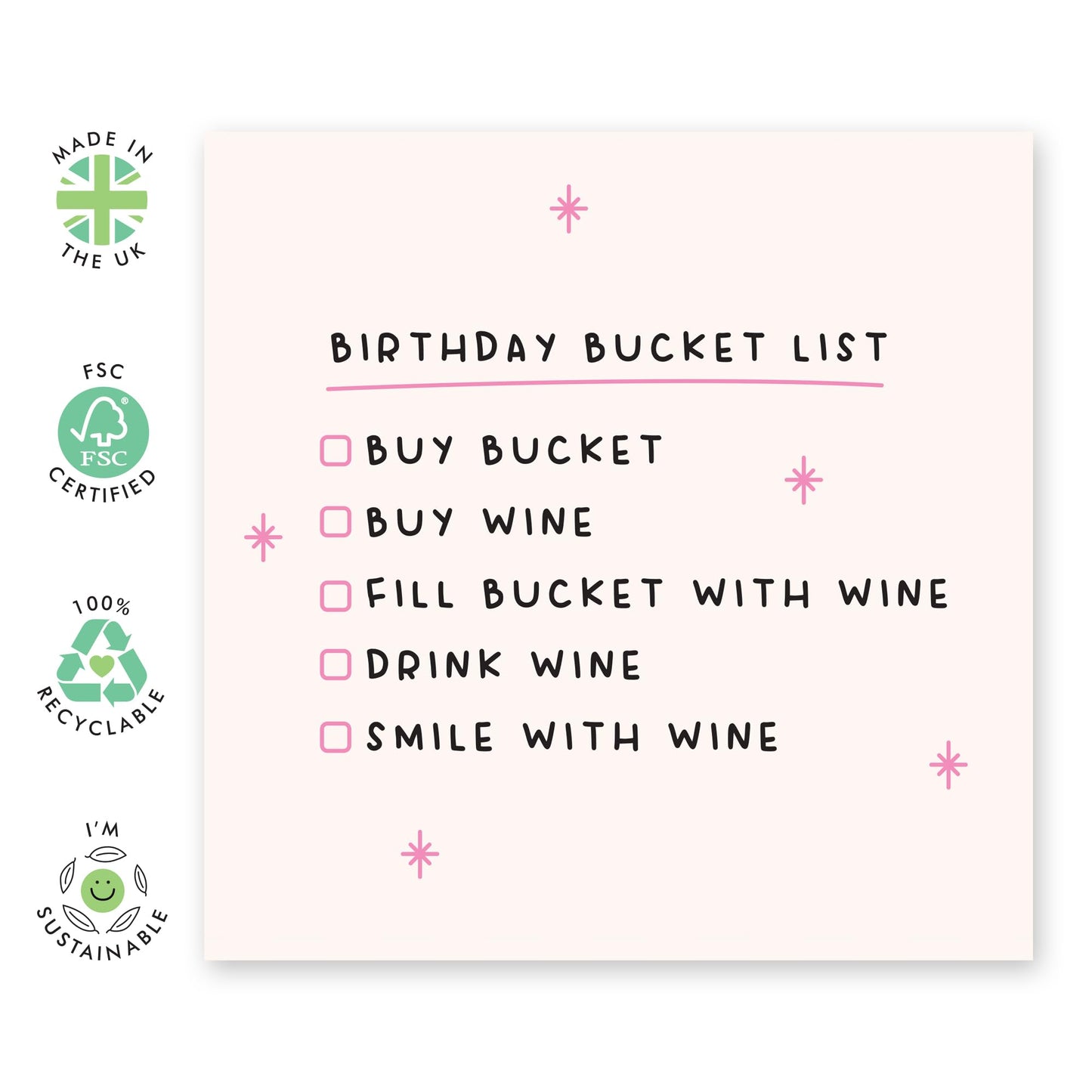 Funny Birthday Card with Checklist - 'Bucket List Wine' - Gifts for Sister, Daughter, Cousin, Niece, Friend, Ladies, Women, Colleagues, Co-workers - Wine List - Comes with Fun Stickers