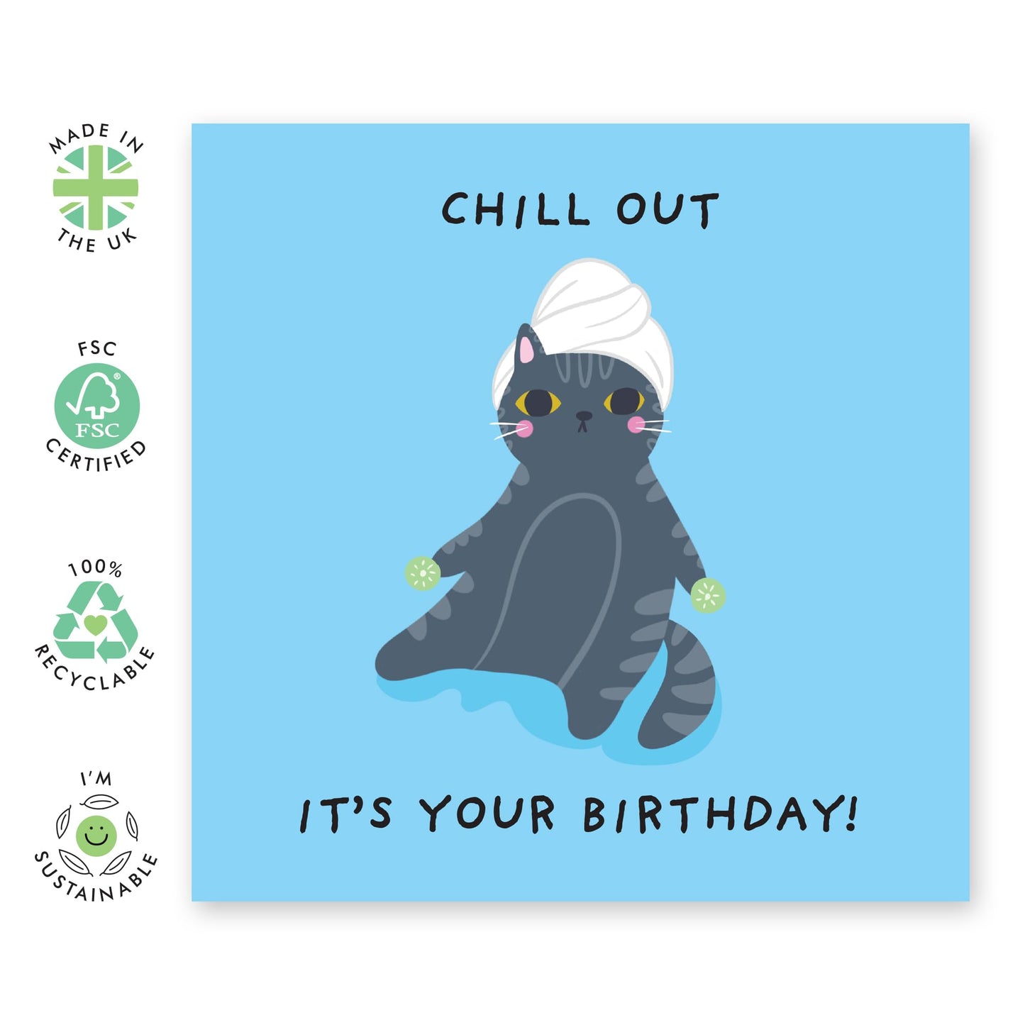 Cat Birthday Card for Women Men – ‘Chill Out, It’s Your Bday!’ – Humorous Greeting for Fur Dad or Mum, Friends, Besties, BFF, Colleagues, Coworkers, Buddies, Family, Cat Lovers - Comes with Stickers