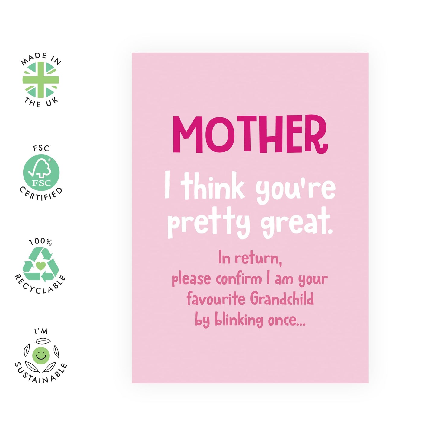 Pink Birthday Card for Great Mums - 'Mother Blink To Confirm' - Gifts for Mam, Mama, Mammy from Son or Daughter - Favouritism - Comes with Fun Stickers