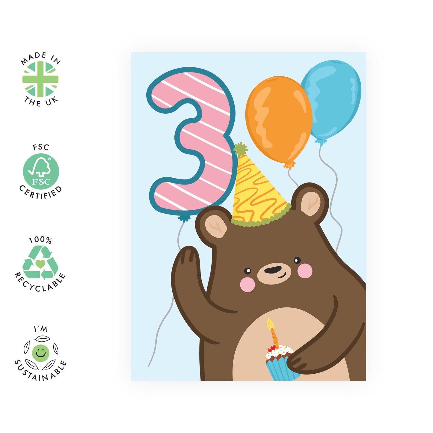 3rd Birthday Card Boys Girls - Birthday Bear Age 3 - Baby Milestone Cards Age Three - Third Birthday Cards - Animal - Gifts For Son Daughter Niece Nephew - Comes With Sticker By Central 23