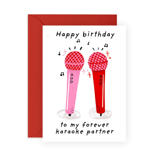 Fun Birthday Card for Karaoke Lovers - "My Forever Karaoke Partner" - Music and Microphone Theme - For Friends, Couples, Besties, Colleagues or Singing Partners- Comes with Fun Stickers
