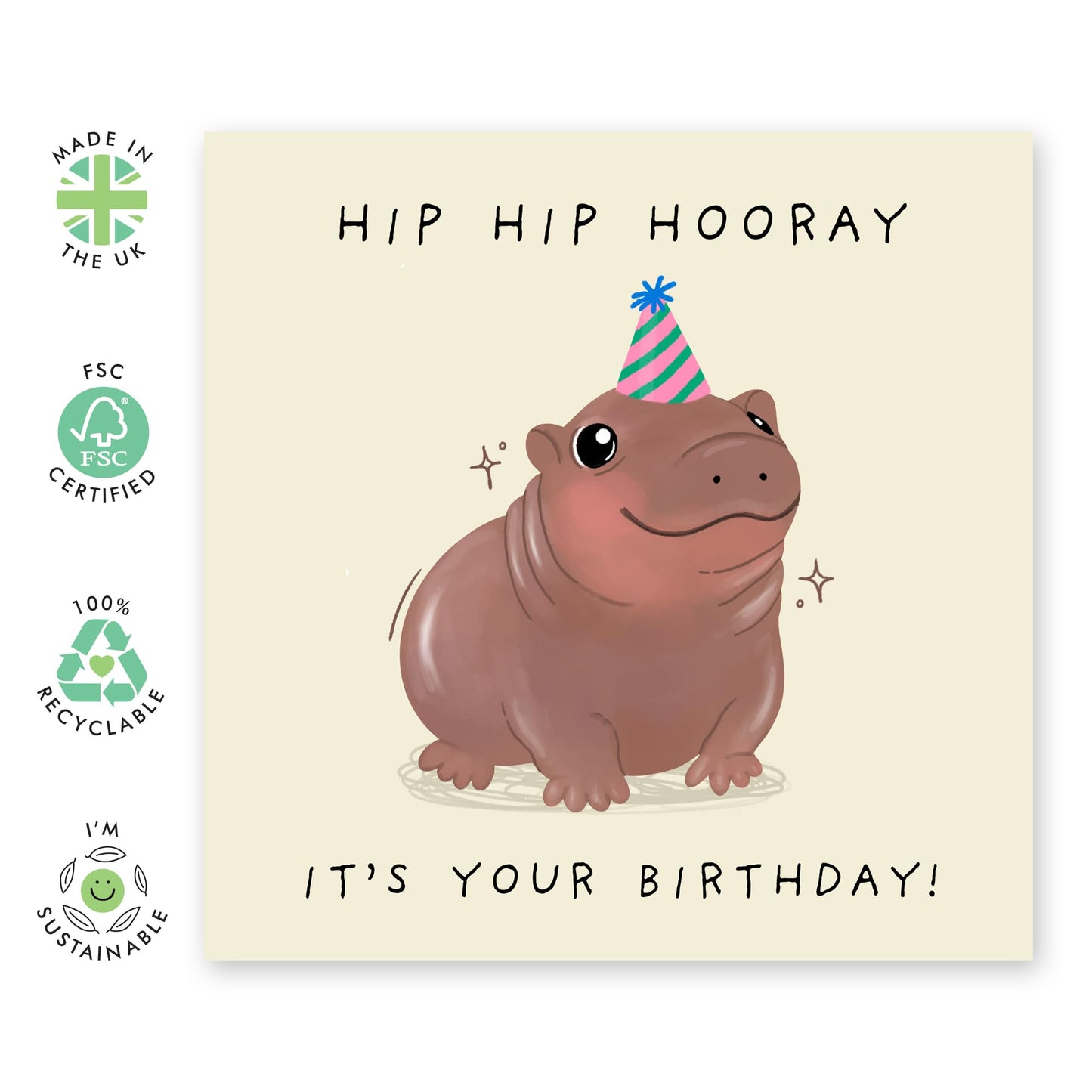Birthday Card Cute Baby Hippo - 'Hip Hip Hooray' - Gifts for Best Friends, Besties, BFF, Girlfriends, Sister, Sis, Gals, Co-worker, Colleagues, Kids, Children - Smile - Comes with Fun Stickers