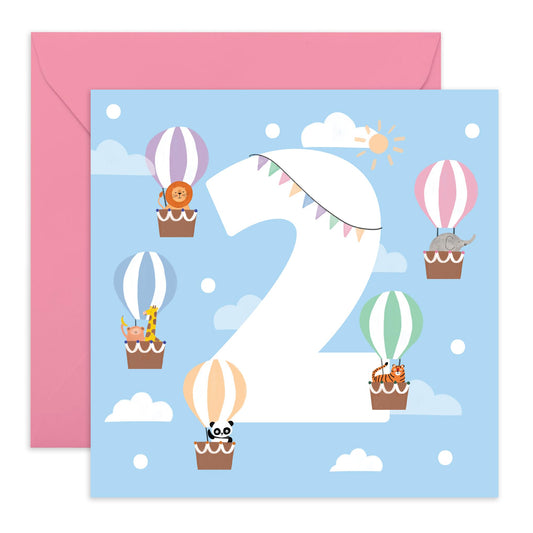 Cute Animals Birthday Card for Kids - 'Hot Air Balloons Two' - Gifts for Nephew, Niece, Grandchildren, Toddler, Children, Boys, Girls - 2 Years Old - Comes with Fun Stickers