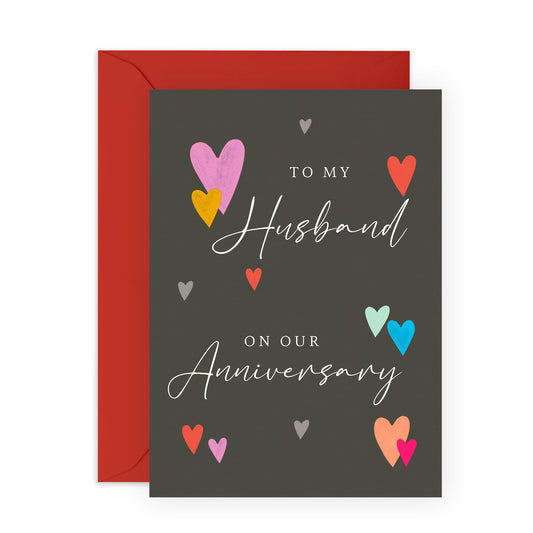 Husband's Romantic Anniversary Card - 'Husband Anniversary' - Gifts for Hubby, Mr, Spouse, Partner, Babe, Him, Men - Coloured Hearts - Comes with Fun Stickers