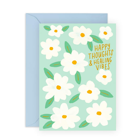 Get Well Soon Card – Happy Thoughts & Healing Vibes - Cute Flowers Design Gifts for Daughter, Son, Niece, Nephew, Friends, Bestie, Sister, Colleague, Coworkers, Officemate -Comes with Sweet Stickers