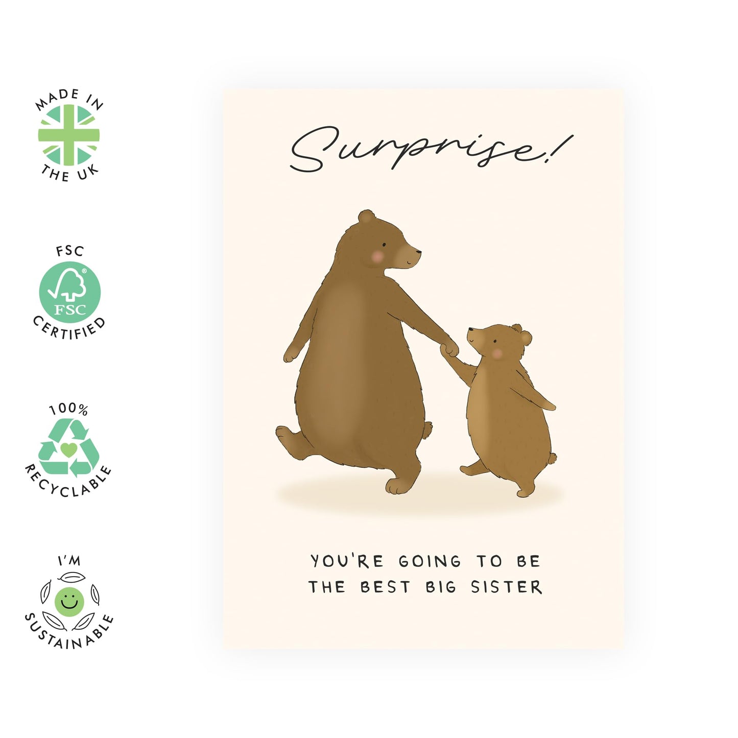 Big Sister Announcement Card – Cute Bear Design, Pregnancy Reveal for Daughter, Girls, Kids, Children, Her, Family - New Baby Sister or Brother - Baby Shower from Parents - Comes with Cute Stickers