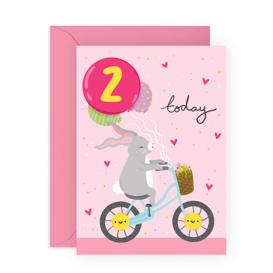 2nd Birthday Card For Girls - Bunny On Bike Age 2 Birthday - Pink Hearts Bunny - Second Bday Gifts For Son Granddaughter - Gift From Mum Dad - From Uncle Auntie - Comes With Cute Stickers