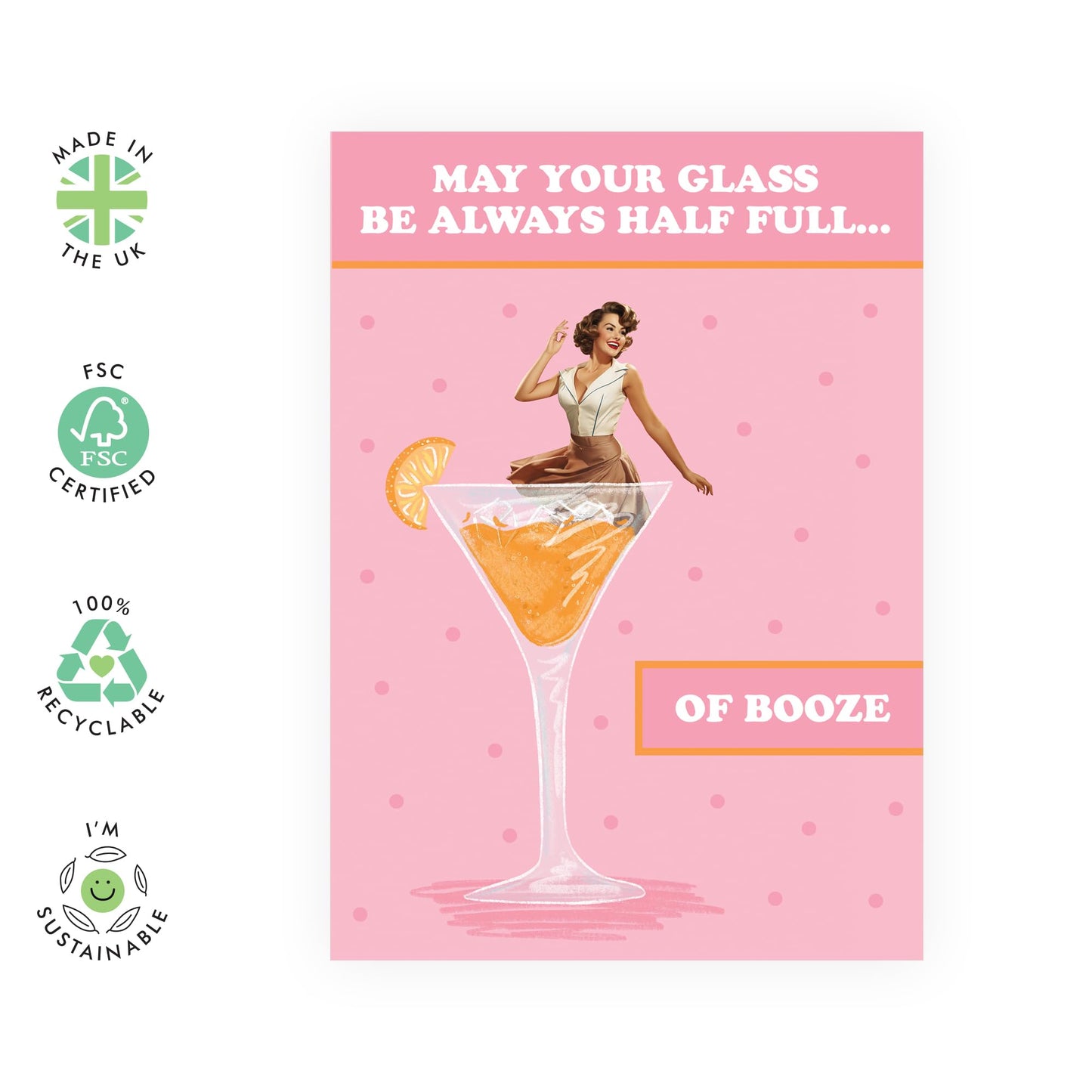 Wife Birthday Card - Pink Glass Half Full - Retro Birthday Card For Friend Female - Daughter Birthday Cards For Her - Gift For Women Mum Sister Aunt Nan Girlfriend- Comes With Stickers - By Central 23