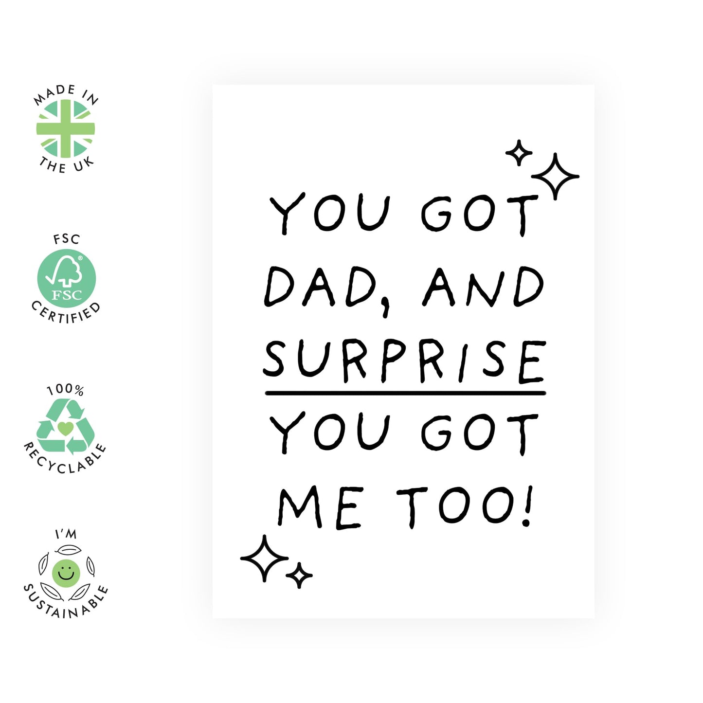 Humorous Greeting Card for the Family - 'YOU GOT DAD & SURPRISE, YOU GOT ME TOO' - For Mum, Daddy, Mama, Mummy, Her, Women -Ideal for Any Occasion, Fathers Day, Mothers Day - Comes with Stickers