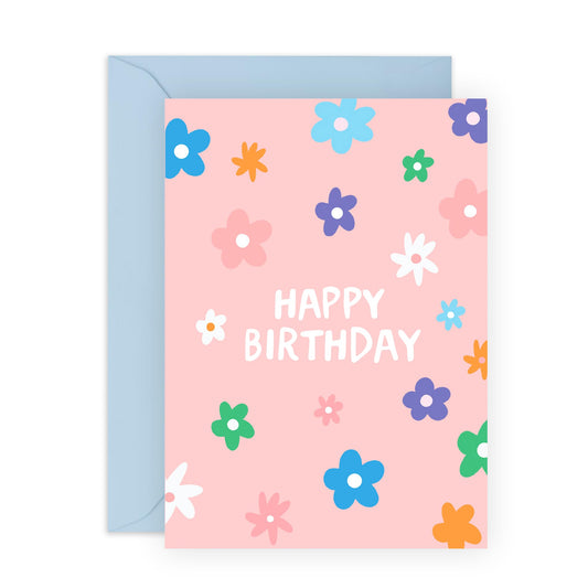 Colourful Flower Birthday Card - 'Floral Birthday' - Gifts for Besties, Best Friends, Gals, Colleagues, Officemate, Her, Co-worker, Sis, Sister, Grandma, Mum, Auntie - Pinky - Comes with Fun Stickers